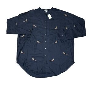 LL Bean Signature NEW Oversized Shirt Size M Embroidered Pheasants Birds Black
